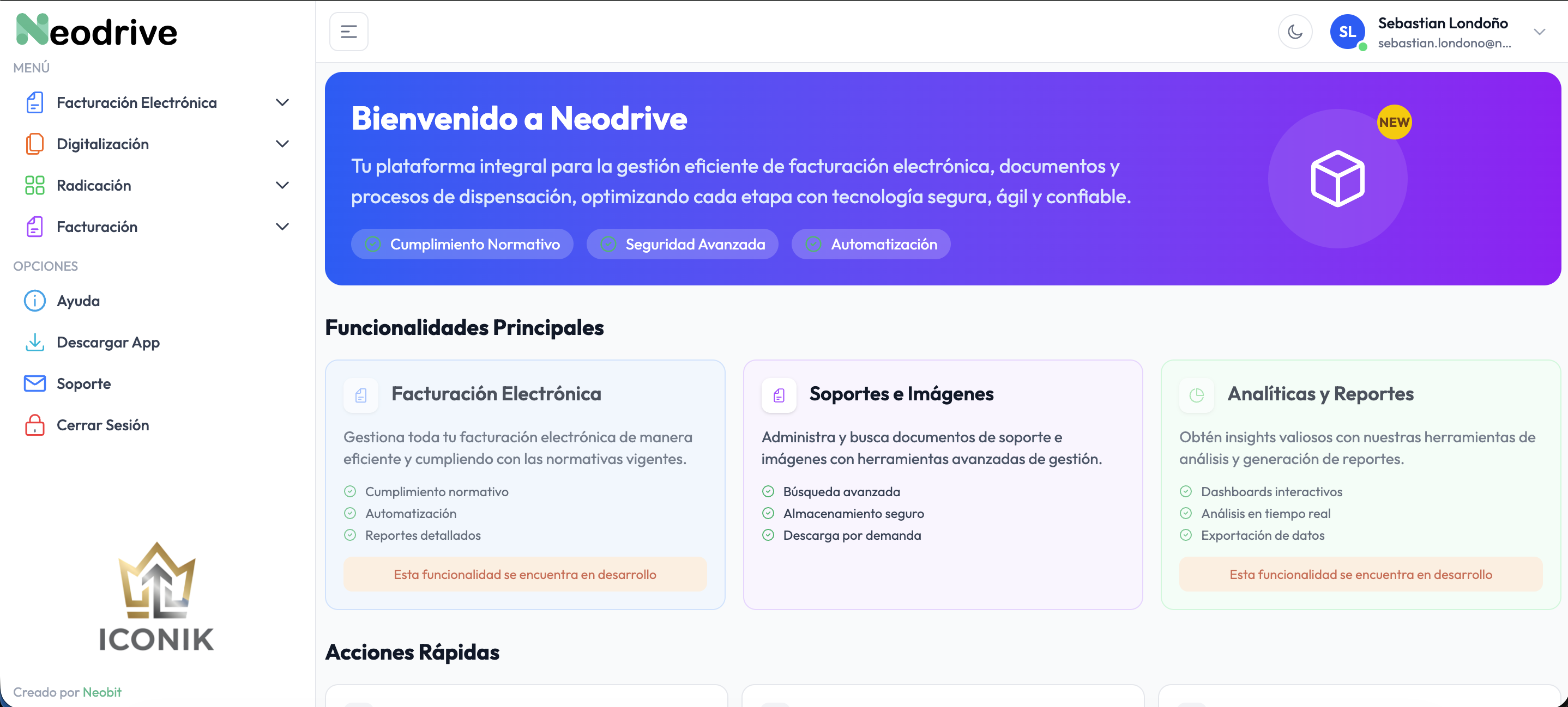 Panel de control principal de la plataforma Neodrive
